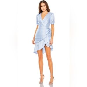 Ieena for Mac Duggal, Short Puff Sleeve Faux Wrap Mini Dress,Powder Blue, Size 4